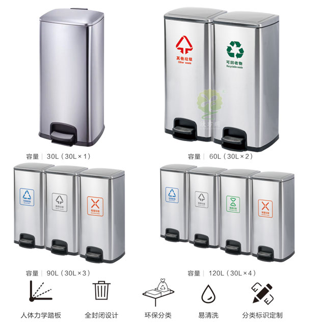 90L家用室內(nèi)不銹鋼腳踏三分類(lèi)垃圾桶